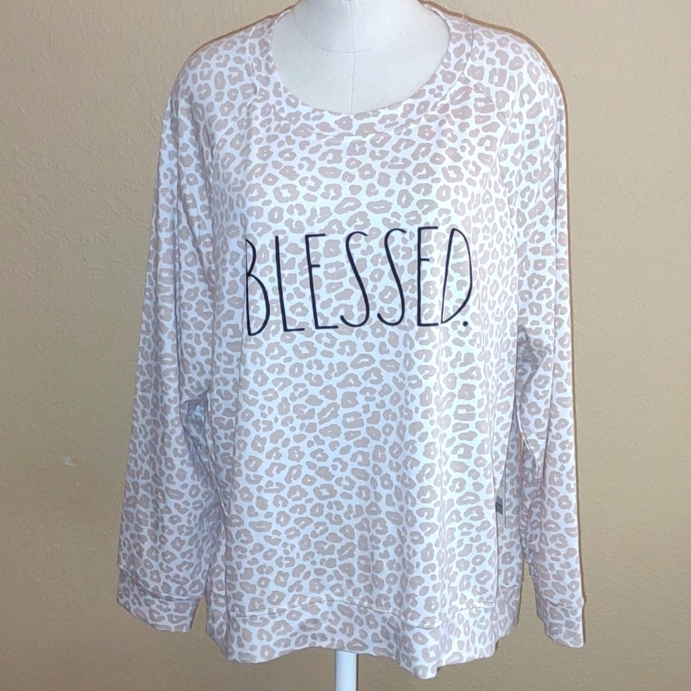 NWT Rae Dunn BLESSED Animal Print French Terry Sweatshirt Size 2X